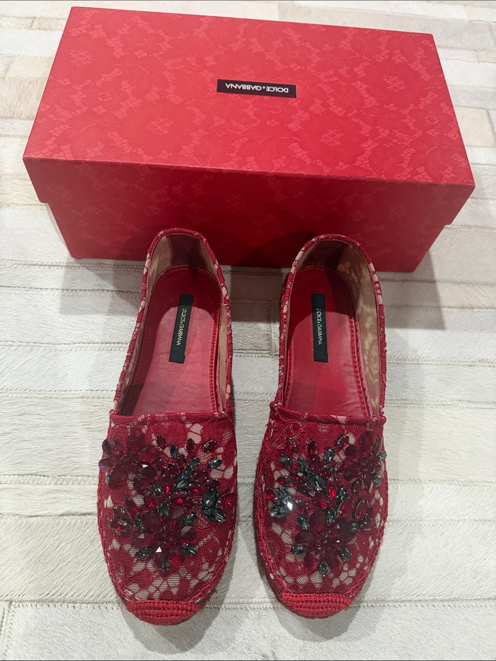 Dolce & Gabbana Red Embellished Lace Slip-On Flats